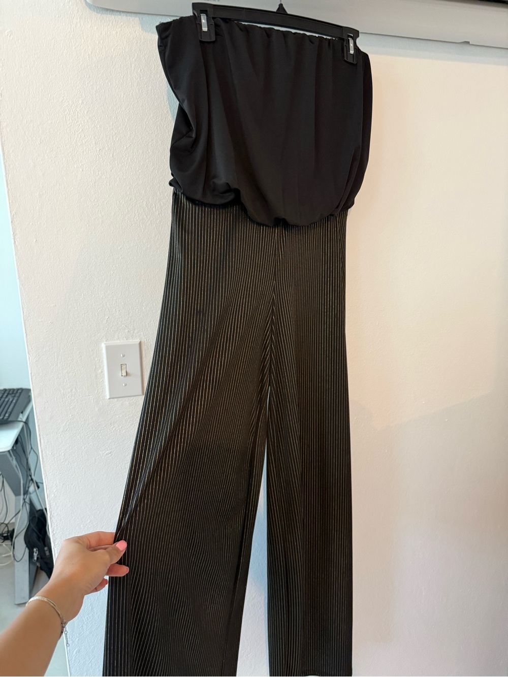 Symphony Strapless Black Pinstripe Wide-Leg Jumpsuit